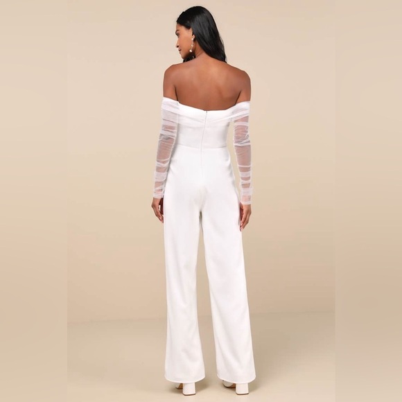 LULU’S Eternal Bliss White Tulle Off The Shoulder Wide-Leg Jumpsuit - Picture 3 of 5